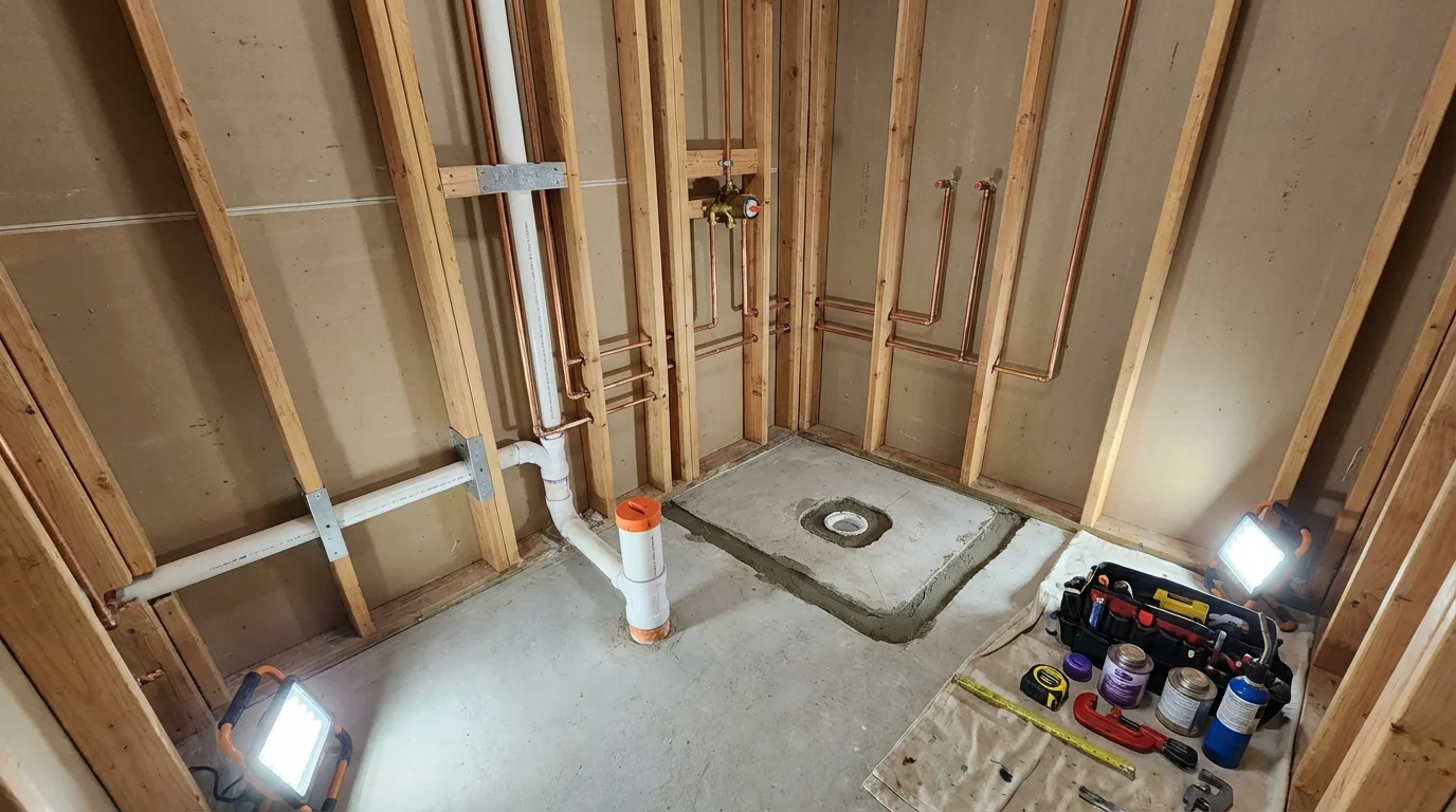 Bathroom rough-in plumbing during remodel by Johns Plumbing LLC in Tinley Park