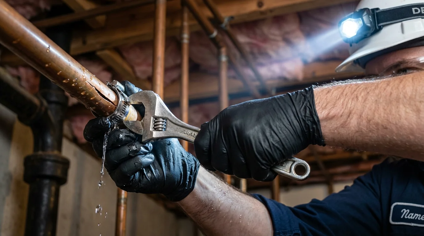 Emergency pipe clamp repair being performed by a Johns Plumbing LLC plumber in Tinley Park