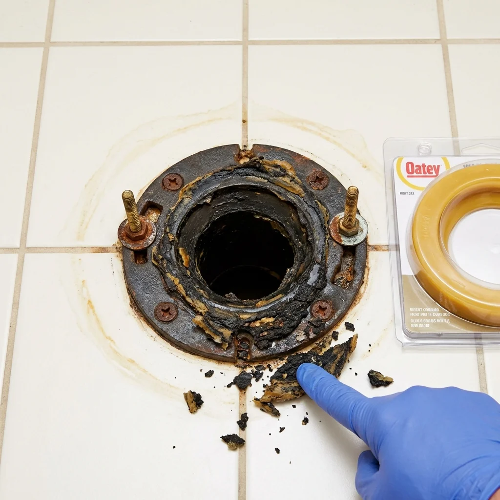 Failed wax ring showing water seepage at the base of a toilet in a Tinley Park, IL home