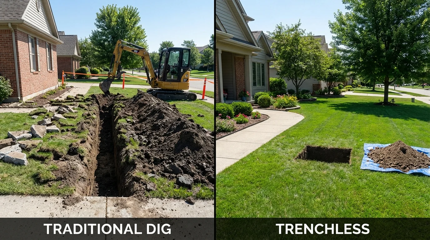 Trenchless sewer repair with minimal yard damage versus traditional excavation in Tinley Park, IL