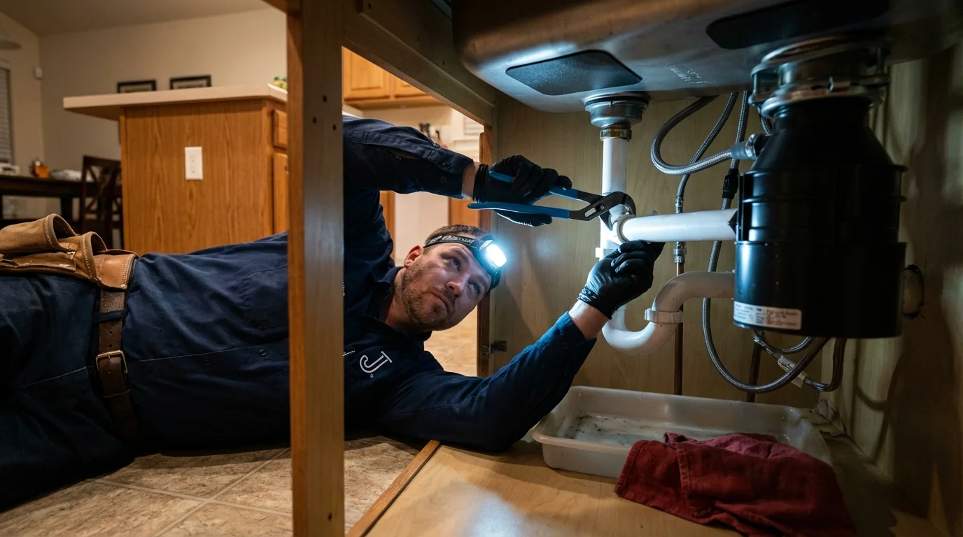 P-trap and supply line connections under a kitchen sink showing a common leak point in Tinley Park, IL